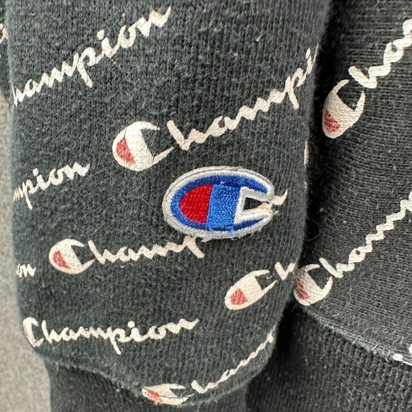 Champion Jumper Mens Large All Over Print Reverse Weave Hoodie Pullover Black - Picture 6 of 11